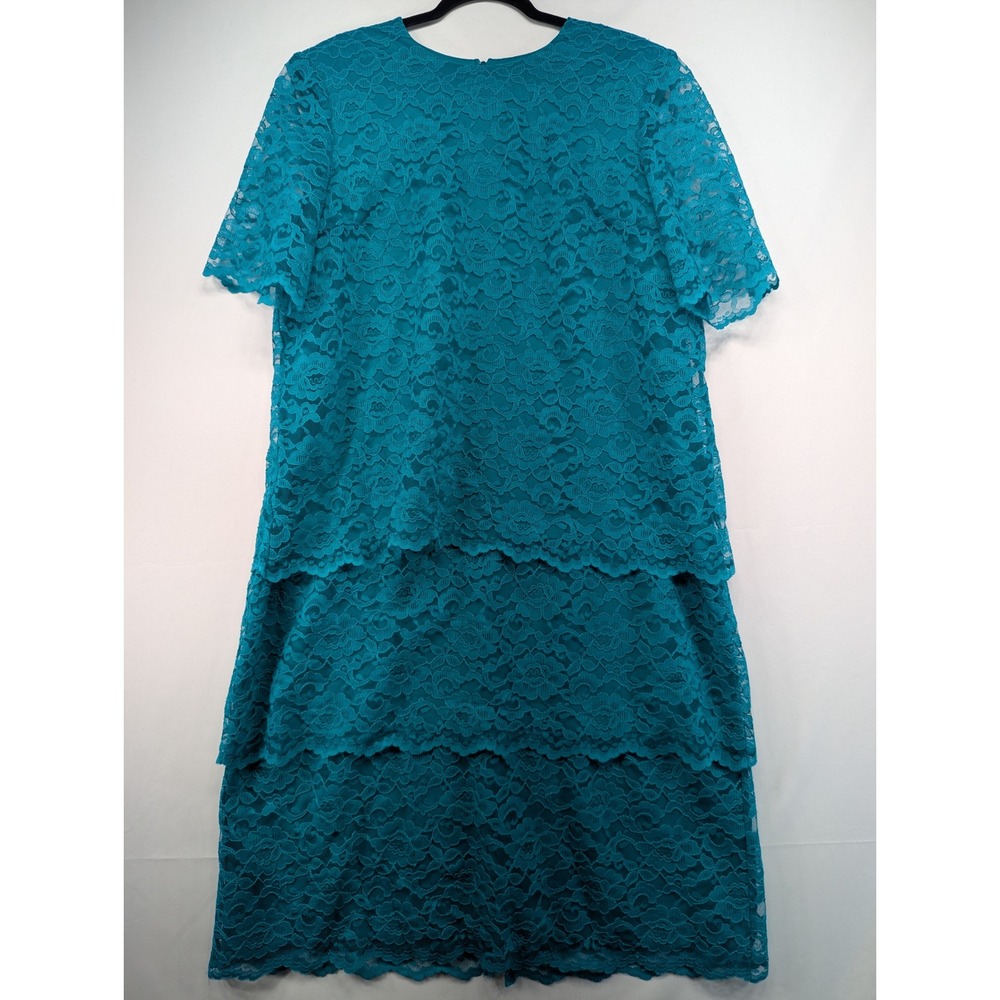 Teal Floral Lace Tiered Shift Dress Short Sleeve Knee Length Round Neck‎ XL